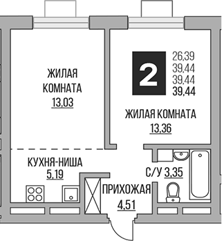 2-комн., 39.44 м², 23/23 этаж, ЖК «Гранель Ильинойс»