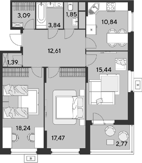 3-комн., 84.77 м², 20/25 этаж, ЖК «ЭВО»