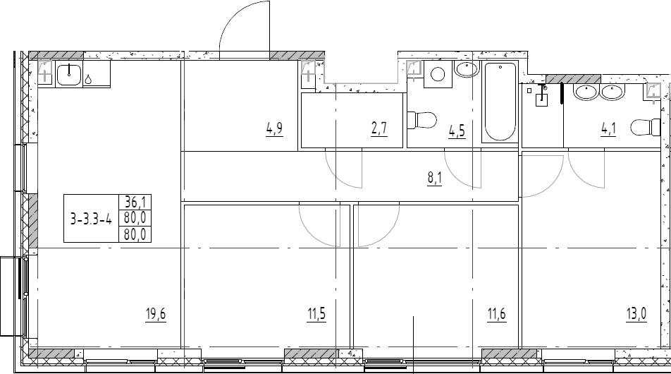4+ комнаты, 80 м², 14/19 этаж, ЖК «Шагал»