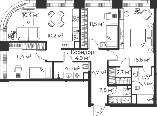 4+ комнаты, 84.3 м², 46/71 этаж, ЖК «Веер»