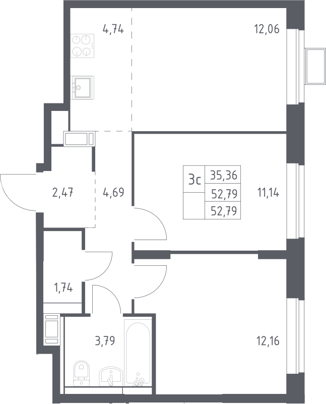 3-комн., 52.79 м², 17/17 этаж, ЖК «Прибрежный Парк»