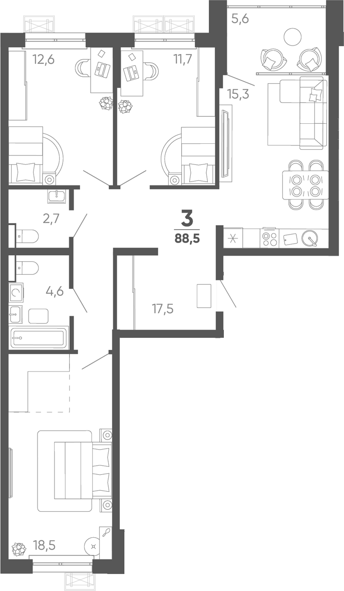3-комн. квартира, 82.9 м² в ЖК Барса — фото 2