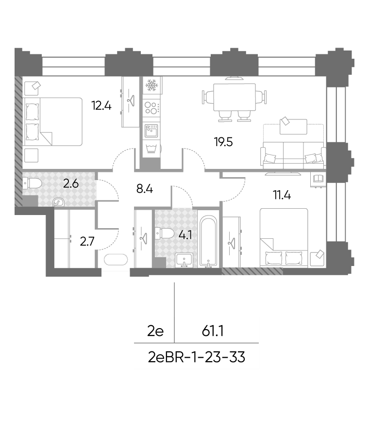 3-комн., 61.1 м², 26/43 этаж, ЖК «ЗилАрт»