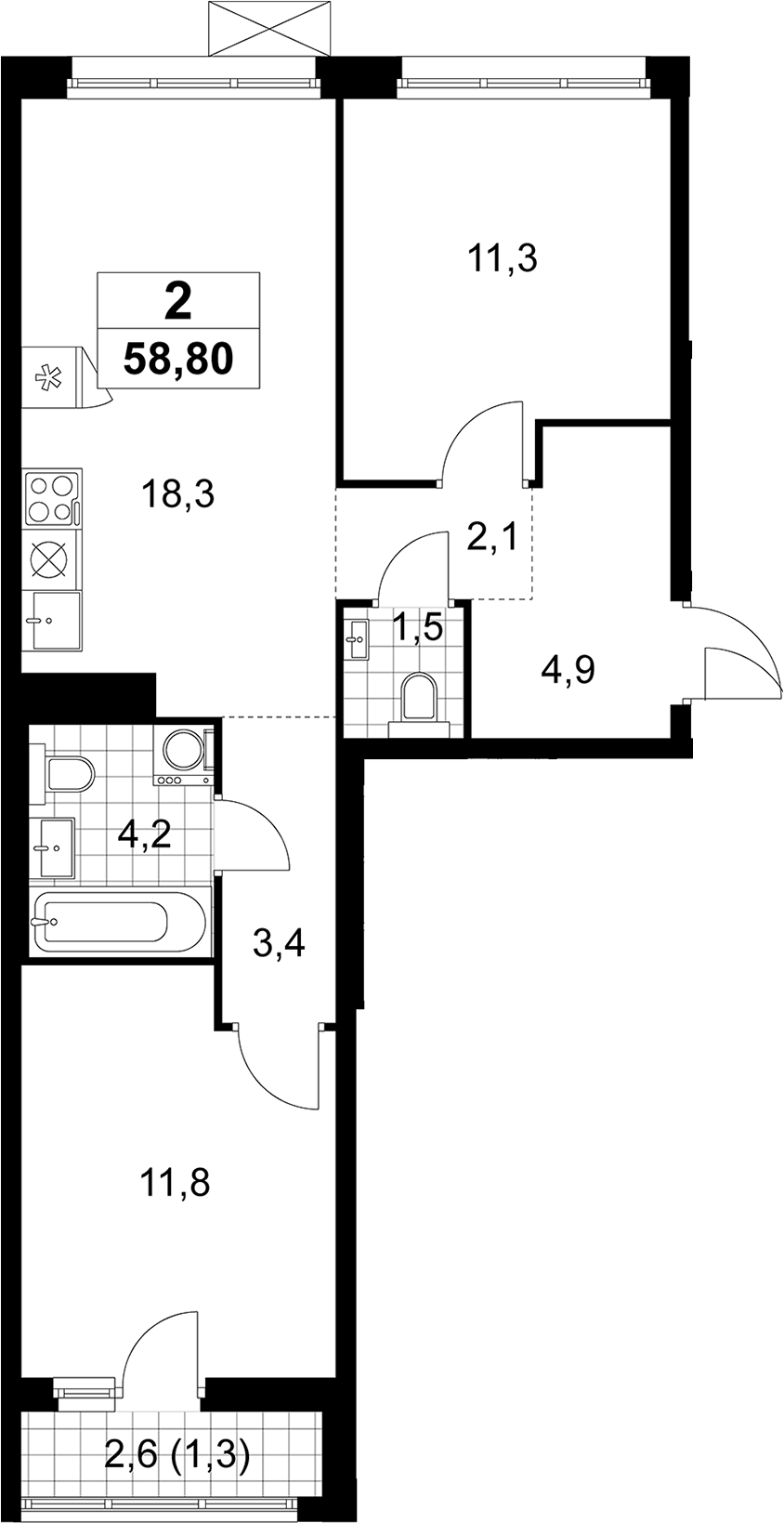 3-комн., 57.5 м², 13/14 этаж, ЖК «Прокшино»