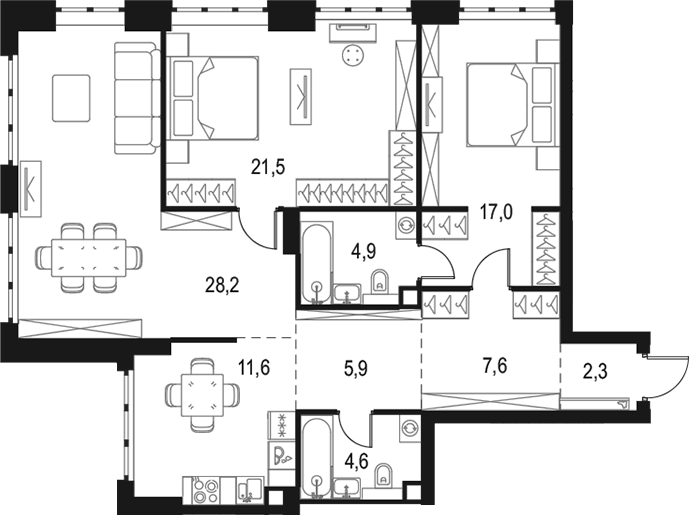 3-комн., 103.6 м², 6/50 этаж, ЖК «Левел Южнопортовая»