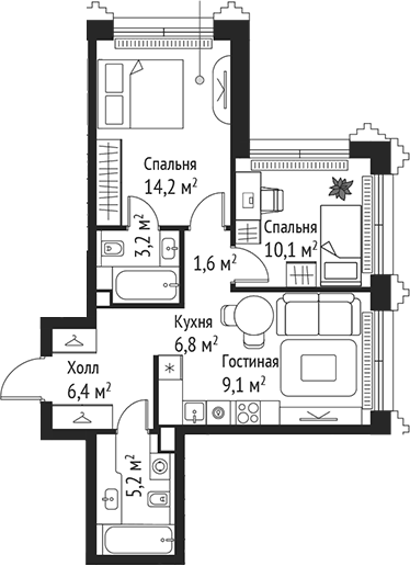 3-комн., 56.6 м², 36/59 этаж, ЖК «СЕТ»