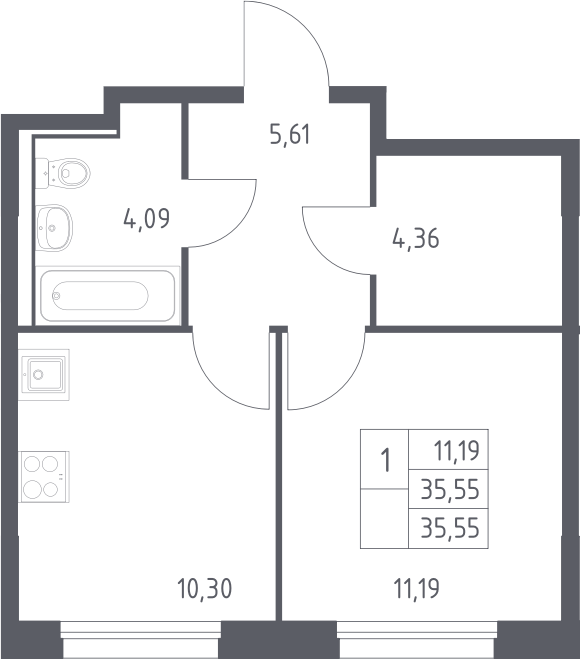 1-комн., 35.55 м², 12/13 этаж, ЖК «Прибрежный Парк»