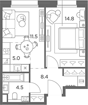 2-комн., 44.2 м², 5/6 этаж, ЖК «Станиславский»