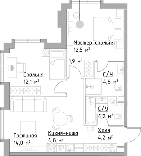 3-комн., 58.5 м², 4/20 этаж, ЖК «Левел Павелецкая Сити»