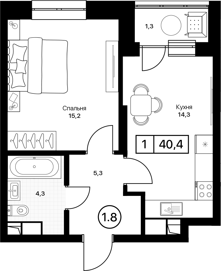 1-комн., 39.1 м², 6/13 этаж, ЖК «Пушкино Град»
