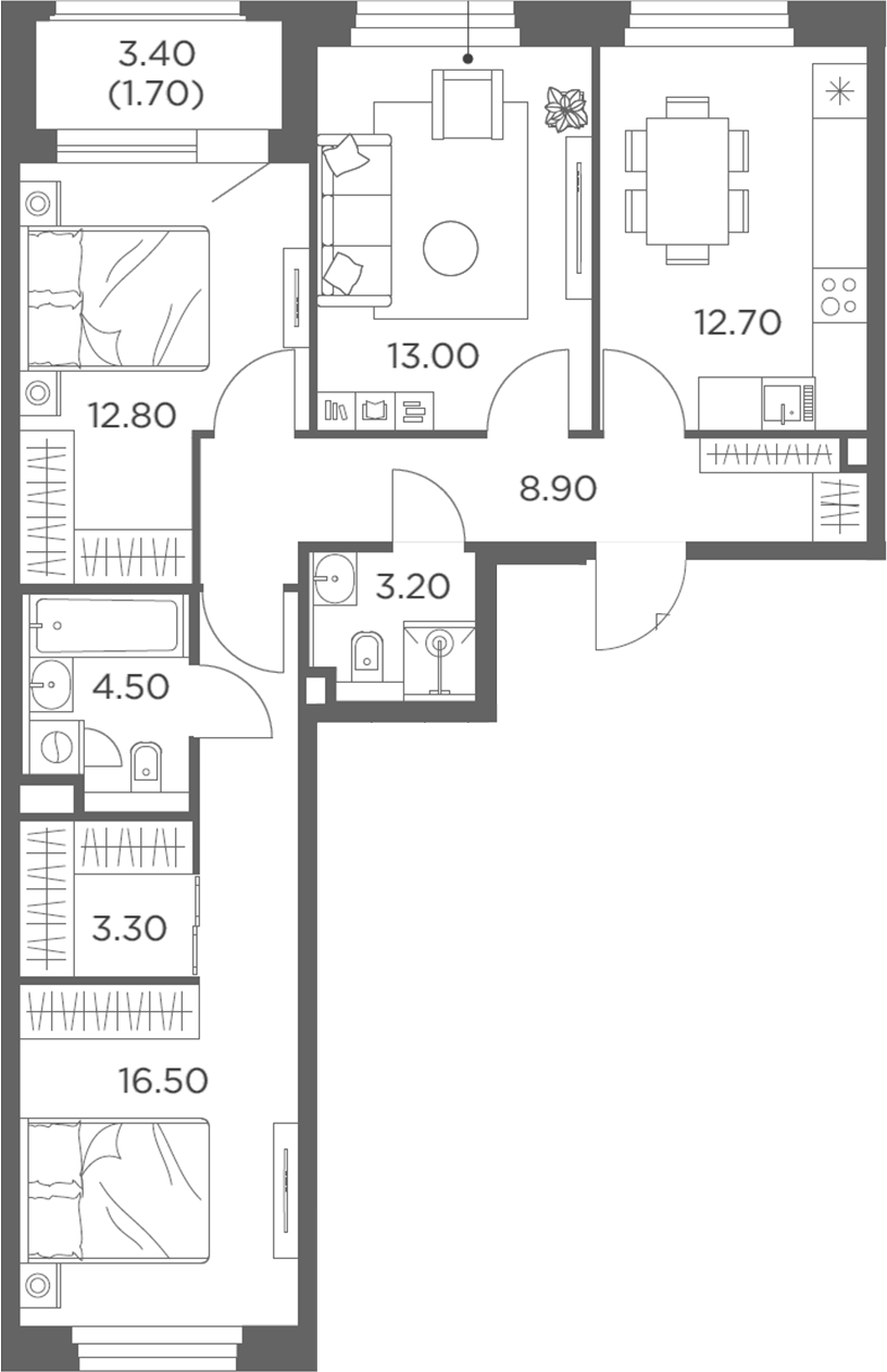 3-комн., 74.9 м², 19/23 этаж, ЖК «Белый Град»