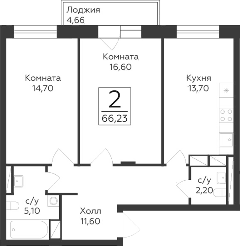 2-комн., 63.9 м², 8/17 этаж, ЖК «Малаховский»