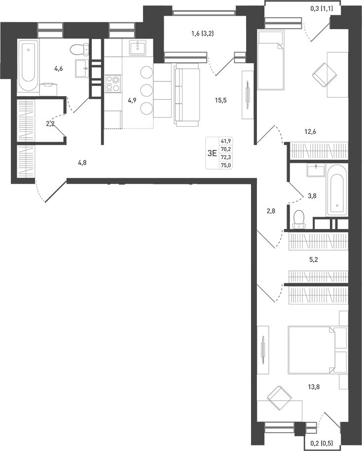 3-комн., 73.8 м², 5/8 этаж, ЖК «Новая Щербинка»