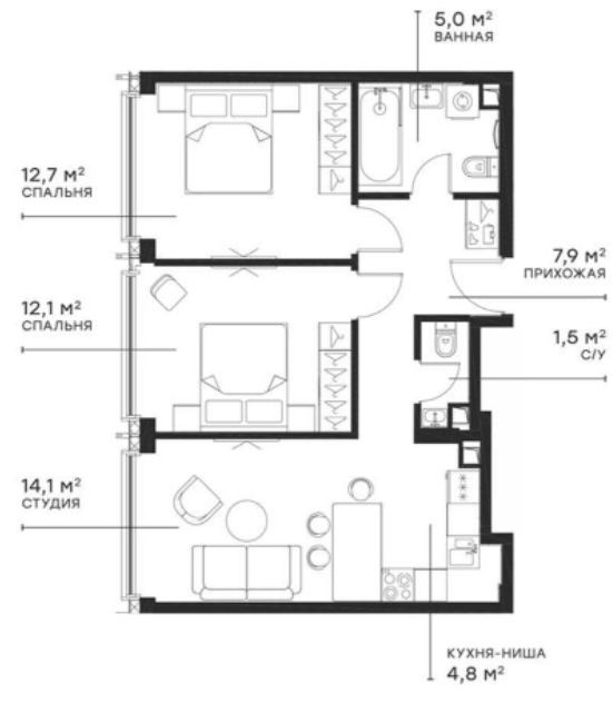 3-комн., 58.11 м², 48/54 этаж, ЖК «Симфония 34»
