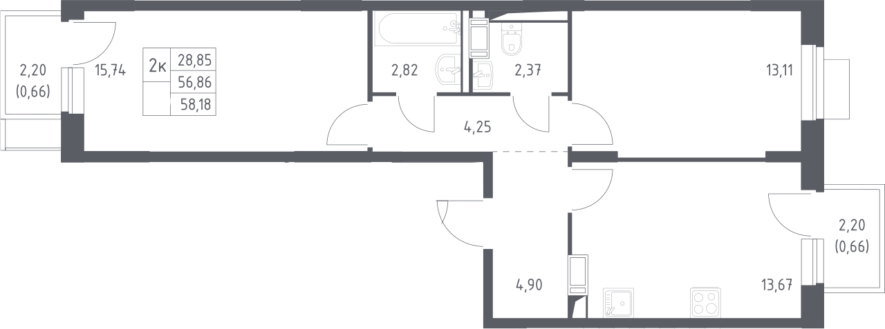 2-комн., 56.86 м², 12/12 этаж, ЖК «Пятницкие Луга»