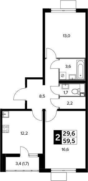 2-комн., 57.8 м², 13/20 этаж, ЖК «Южная Битца»