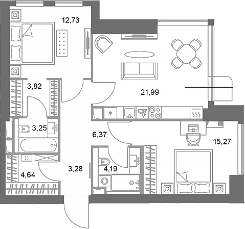 2-комн., 75.54 м², 13/75 этаж, ЖК «ФАЙВ ТАУЭРС»