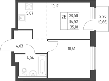 2-комн., 34.52 м², 13/17 этаж, ЖК «Горки Парк»