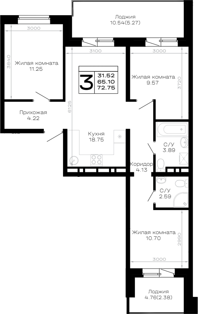3-комн. квартира, 65.1 м² в ЖК Усадьба Гостагаевская — фото 2