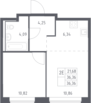 2-комн., 36.36 м², 13/17 этаж, ЖК «Прибрежный Парк»