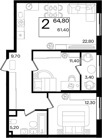 3-комн. квартира, 61.4 м² в ЖК Патрики — фото 2