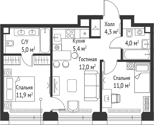 3-комн., 53.6 м², 37/52 этаж, ЖК «СЕТ»