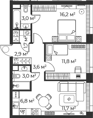 3-комн., 60.6 м², 6/38 этаж, ЖК «Веер»