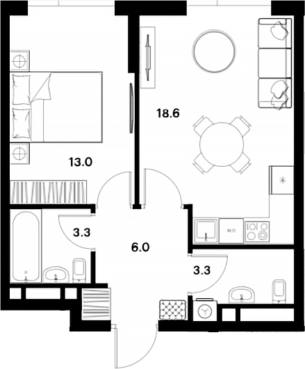 2-комн., 44.2 м², 17/28 этаж, ЖК «АЛИА»