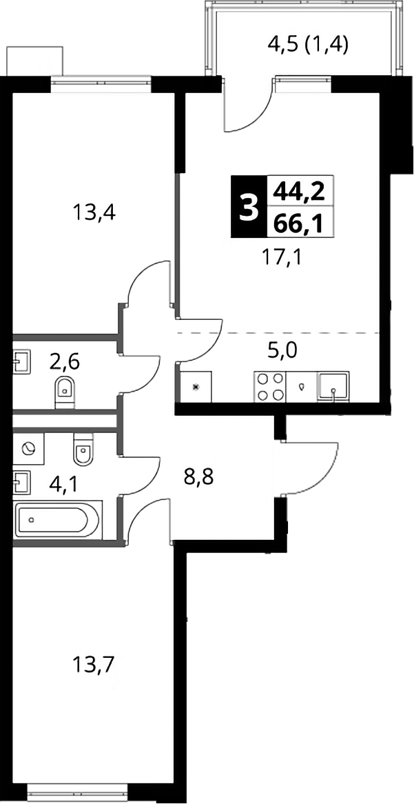 3-комн., 65.7 м², 9/9 этаж, ЖК «1-й Ясеневский»