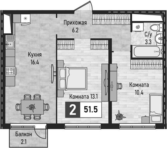 2-комн., 49.4 м², 12/12 этаж, ЖК «Живописный»