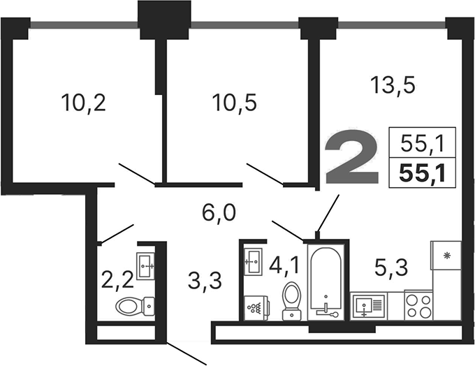 3-комн., 55.1 м², 15/29 этаж, ЖК «Бестселлер»