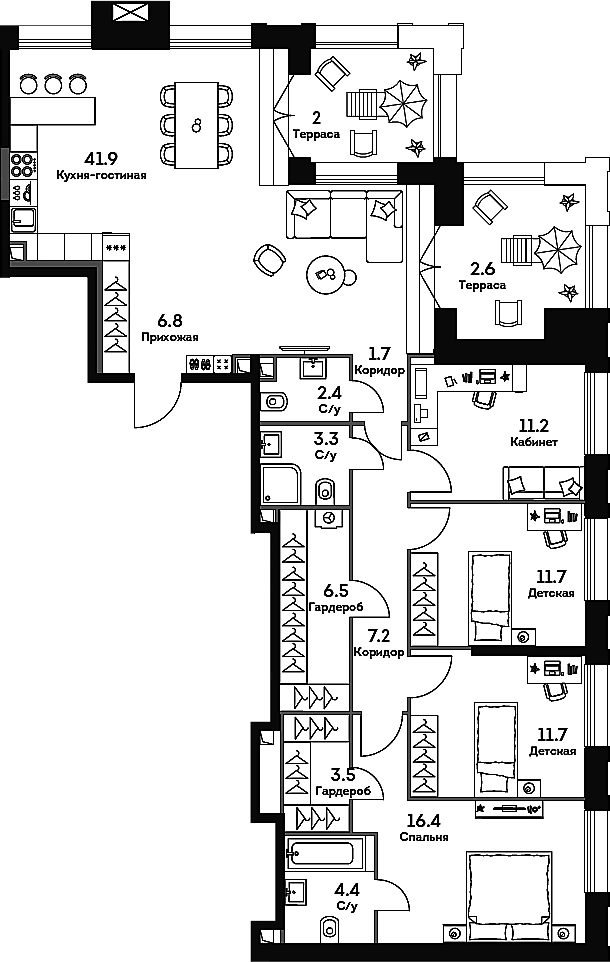 4+ комнаты, 129.7 м², 32/33 этаж, ЖК «ЭРА»