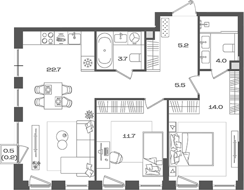 3-комн., 66.8 м², 16/27 этаж, ЖК «Пейв»