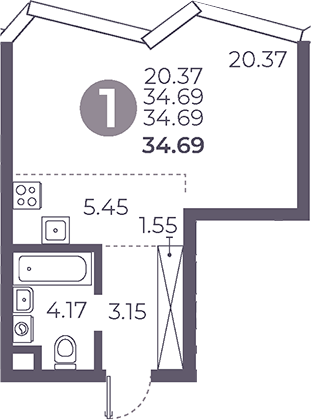 Студия, 34.69 м², 22/39 этаж, ЖК «Мневники от Гранель»