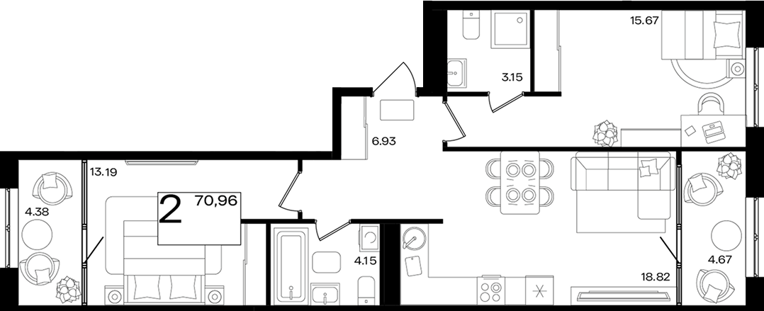 3-комн. квартира, 61.91 м² в ЖК Патрики — фото 2