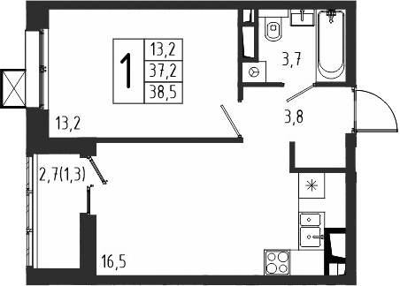 1-комн., 37.2 м², 9/10 этаж, ЖК «Берег»