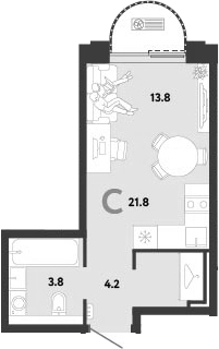Студия, 21.8 м², 4/12 этаж, ЖК «Страна.Заречная»