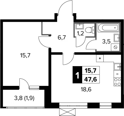1-комн., 45.7 м², 4/23 этаж, ЖК «Южная Битца»