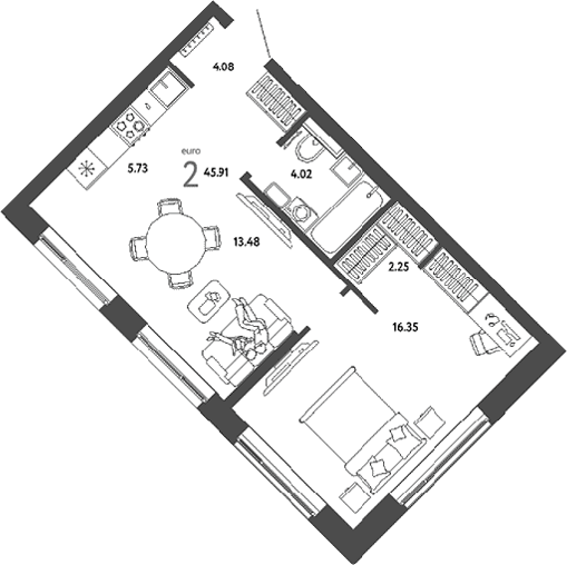 2-комн., 45.91 м², 21/25 этаж, ЖК «Страна.Парковая»
