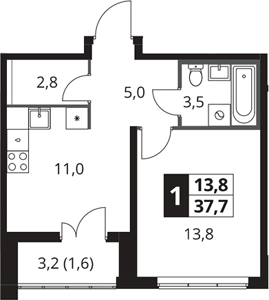 1-комн., 36.1 м², 2/25 этаж, ЖК «1-й Южный»