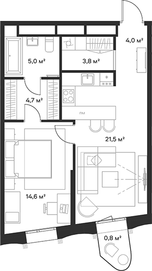2-комн., 53.6 м², 19/23 этаж, ЖК «Союз»