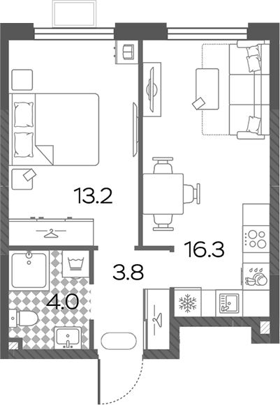 2-комн., 37.3 м², 15/24 этаж, ЖК «Лучи»