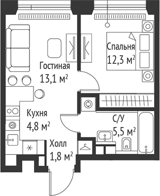 2-комн., 37.5 м², 30/59 этаж, ЖК «СЕТ»