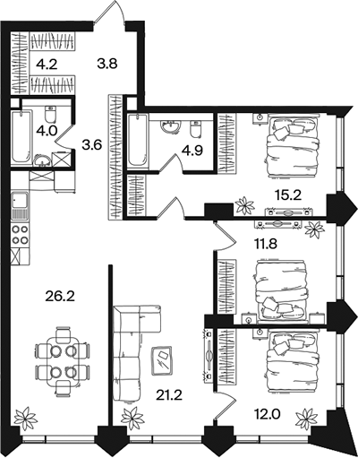 4+ комнаты, 106.9 м², 41/44 этаж, ЖК «РАКУРС»