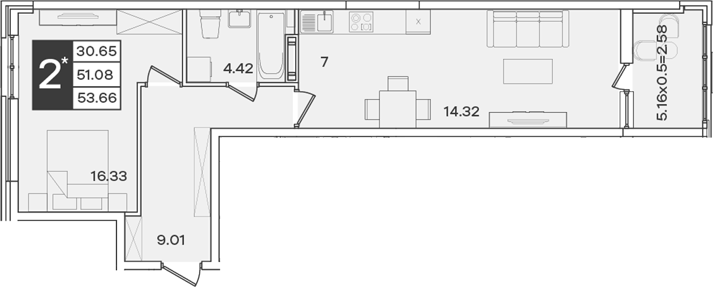 2-комн., 51.08 м², 8/9 этаж, ЖК «Сюжеты»