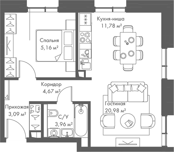 2-комн., 49.64 м², 12/23 этаж, ЖК «МИРА»