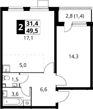 2-комн., 48.1 м², 23/24 этаж, ЖК «1-й Донской»