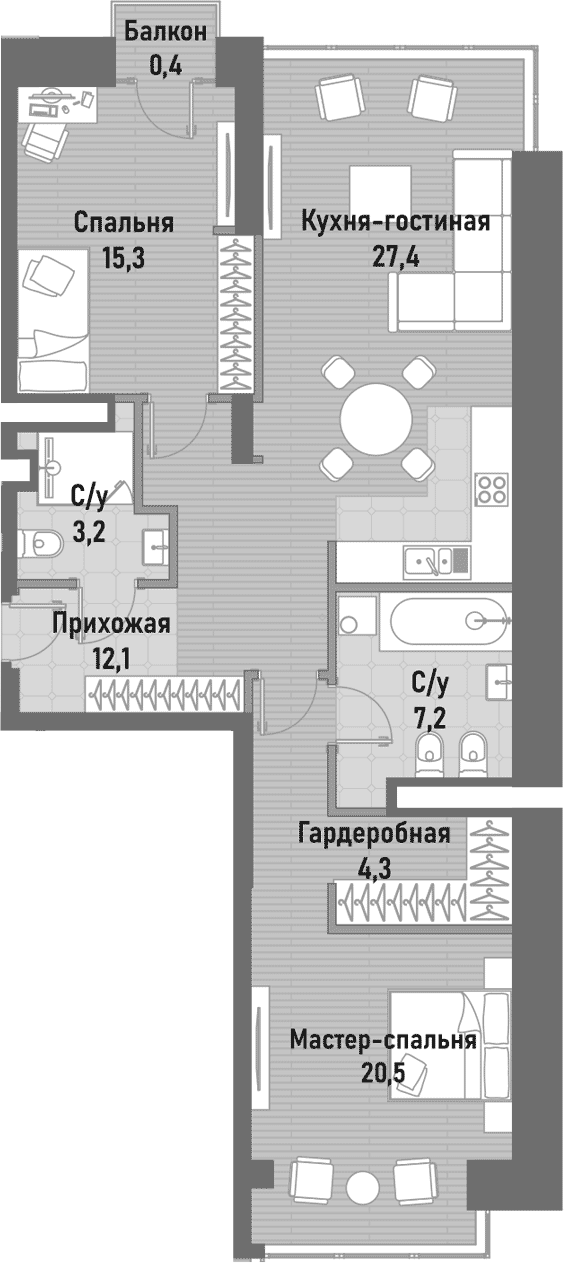 3-комн., 93.2 м², 2/14 этаж, ЖК «Ренессанс»