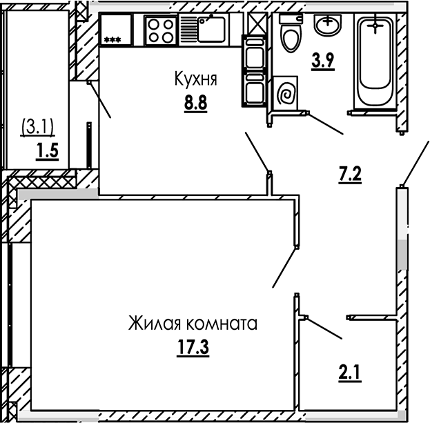 1-комн., 39.3 м², 4/12 этаж, ЖК «Малиново»