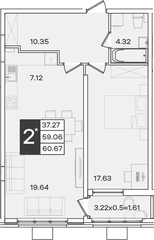 2-комн., 59.06 м², 2/18 этаж, ЖК «Сюжеты»